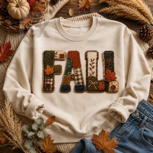 Fall Patchwork PNG, Cozy Autumn Shirt Design, 3D Fabric Letters, Vintage Fall Sublimation PNG, Autumn Sweatshirt Design, Instant Download