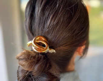 Elastic Hair Clip, Modern Ponytail Holder, Ponytail Wedding Hair Cuff, Gold/Silver Metal Hair Clips for Thick Hair, Gift for Her
