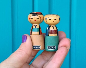 FREE SHIPPING-Vintage 1950’s Miniature Traditional Japanese Kokeshi Man & Woman Dolls-Hand Carved and Hand Painted-Collectible-Made in Japan