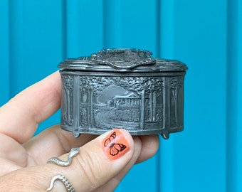 FREE SHIPPING-Vintage Antique Rare New York Woolworth Building Silver Plate Repousse Mini Casket Box-Ring Box-Proposal Box-Tiny Home Decor