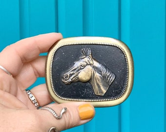 FREE SHIPPING-Vintage Stunning Embossed Brass Horse Head Belt Buckle-Cowgirl-Cowboy-Western-Rockabilly-Equestrian-Made in U.S.A.