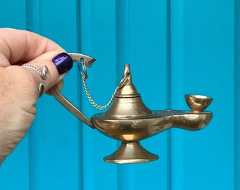 FREE SHIPPING-Vintage *Sold Separately* Stunning Etched Brass Aladdin Oil Lamp-Etched Brass Genie Oil Lamp-Wicca-Spiritual Altar Decor-Boho