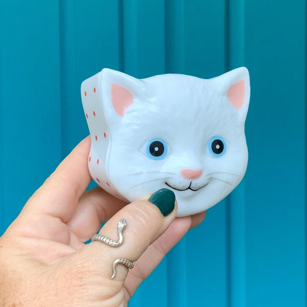 FREE SHIPPING-Vintage Cute Cat Face Porcelain Trinket/Ring Box-Pink & White-Pink Polka Dots-Made in Japan-Cat Lover Gift-Kitty Trinket Box