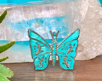 FREE SHIPPING-Vintage Sterling Silver & Aqua Enamel Siam Dancers Butterfly Brooch-Boho Chic-Eclectic Jewelry-Nature Jewelry