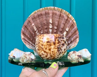 FREE SHIPPING-Vintage Tropical Seashell Napkin Holder-Shell Napkin and Toothpick Holder-Mermaid Decor-Coastal-Beachy Kitsch-Tiki Bar Decor