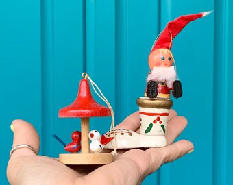 FREE SHIPPING-Vintage *Set of 2* Vintage Wood & Hand Painted Holiday Ornaments-Erzgebirge Germany Bird Carousel and Elf on Boot-Christmas