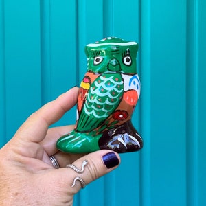 FREE SHIPPING-Vintage Colorful 4” Tonala Ceramic Owl Figurine-Mexico Souvenir-Mexican Folk Art-Green Witch Decor-Bohemian-Nature Decor