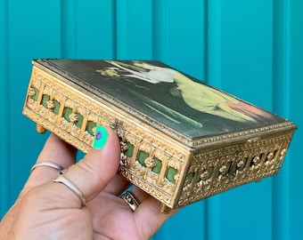 FREE SHIPPING-Vintage Ormolu Filigree Music Jewelry Box-Satin Lute Player-Hollywood Regency-Made in Japan-Trinket Box-Bohemian-Victorian