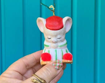 FREE SHIPPING-Vintage Adorable Jasco *L’il Chimers* Hand Painted Bisque Porcelain Sleepy Mouse Bell Ornament-Christmas Mouse-Holiday Mouse