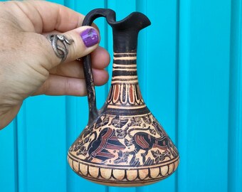 FREE SHIPPING-Vintage Stunning Museum Exact Copy of Greek Clay Earthenware Vase/Pitcher-Handpainted-Rare Greek Vase-Eclectic Decor-Bohemian