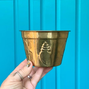 May include: A gold brass planter with a seashell design. The planter is being held in a hand with a blue background.