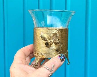FREE SHIPPING-Vintage Gold Metal Butterflies Holder w/Glass Insert-Vanity Decor & Organizer-Candle Holder-Airplant Holder-Hollywood Regency