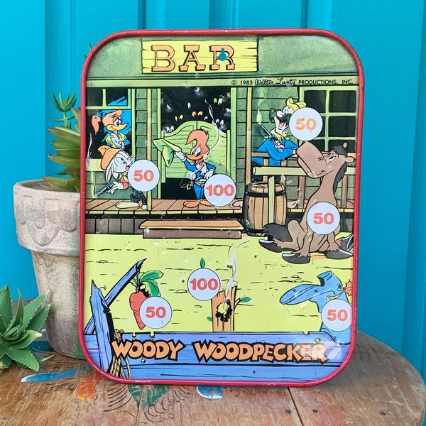 FREE SHIPPING-Vintage Amazing & Rare “Woody Woodpecker” Tin Litho Wall Target-Walter Lantz Productions-Woody and Friends at Old West Bar