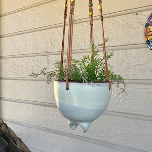 FREE SHIPPING-Vintage Unique Hanging Handmade Pottery Planter with Handmade Macrame Hanger-Artist Signed Planter, LaJoy-Bohemian-Porch Decor