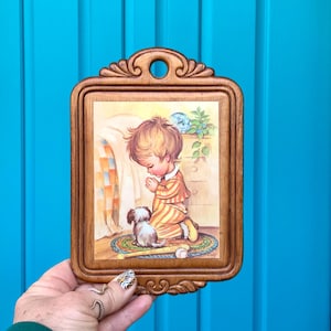 FREE SHIPPING-Vintage Sweet *Coby* Print of Child & Puppy on Ornate Wood Plaque-Wall Decor-Baseball and Bat-Kids Room Decor-Nurse Decor