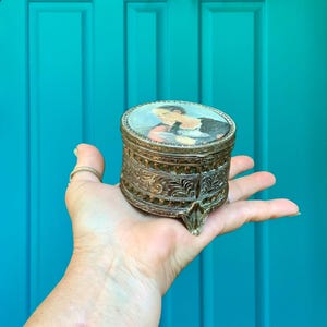 FREE SHIPPING-Vintage 1950’s Ormolu Filigree Jewelry Box-Satin *La Lettri* Fragonard-The Love Letter-Trinket Box-Proposal Box-Victorian