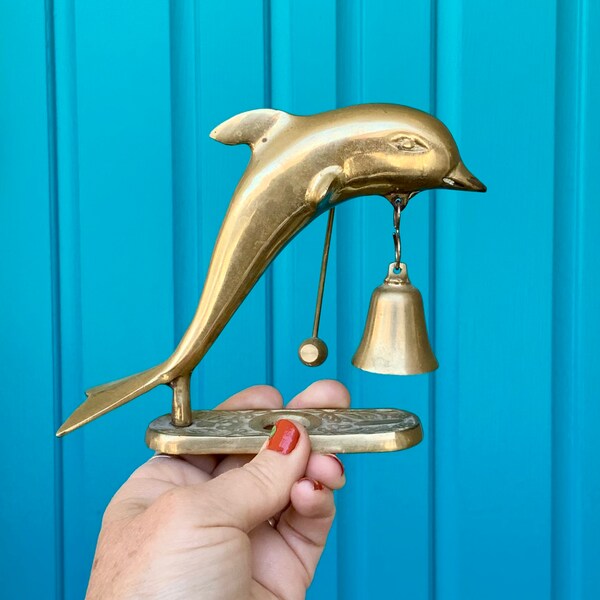FREE SHIPPING-Vintage Unique Brass Dolphin Shop Keepers Bell-Brass Bell with Hanmer-Entrance Bell-Beach House Decor-Coastal-Tropical