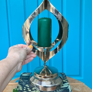 FREE SHIPPING-Vintage Brutalist Silver Metal Mid Century Tabletop Pillar Candle Holder by Mascot-Minimalist-Modern-Spiritual Altar Decor