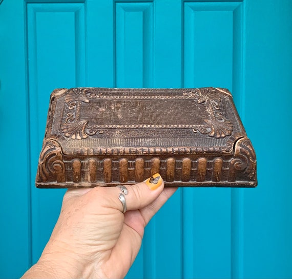 FREE SHIPPING-Vintage Rare *Nifty* Wood Composite Jewelry Trinket Box-Wicca Storage-Victorian-Bohemian-Stash Box-Keepsake Box-Eclectic Decor