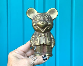 FREE SHIPPING-Vintage Adorable 5” Heavy Solid Brass Mickey Mouse Figurine-Collectible Disney-Nursery Decor-Kids Room Decor-Unique Gift