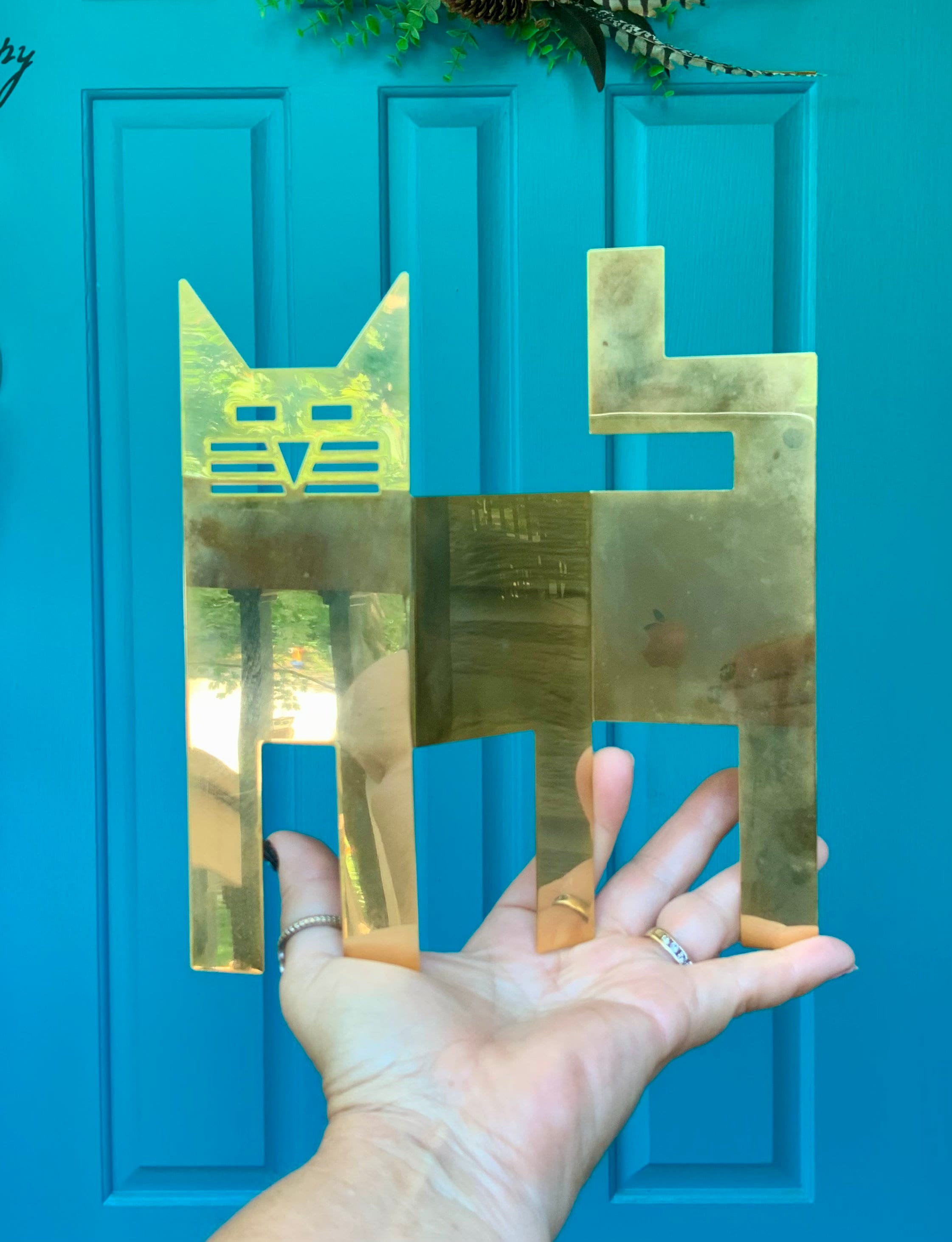 FREE SHIPPING-Vintage Unique & Rare MCM Brass Flat Cat Figurine-Modern Art Cat Decor-Cat Lover Gift-Kitten-Kitty-Standing Cat Position