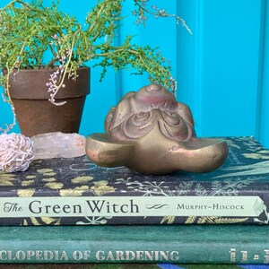 Op de afbeelding: Een messing beeldje van een gestileerd dier met een brede, platte basis. Het beeldje ligt op zijn rug met zijn kop omhoog gekanteld. Het beeldje ligt op een boek getiteld "The Green Witch" van Murphy-Hiscock.