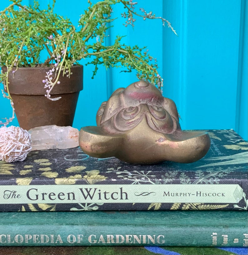 Op de afbeelding: Een messing beeldje van een gestileerd dier met een brede, platte basis. Het beeldje ligt op zijn rug met zijn kop omhoog gekanteld. Het beeldje ligt op een boek getiteld "The Green Witch" van Murphy-Hiscock.
