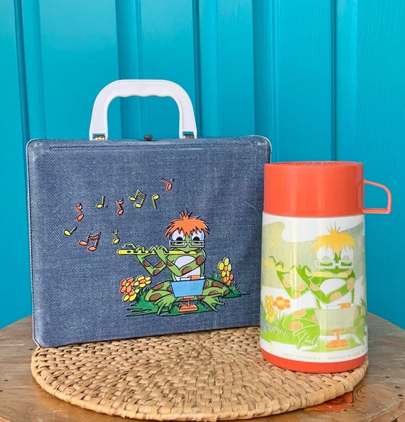 FREE Shipping-vintage 1970s Aladdin Frog Playing Flute Vinyl Lunch Box &  Thermos-retro Lunch Box-hippie-collectible-rare Set-kitschy-boho 