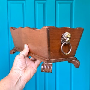 FREE SHIPPING-Vintage *Hard to Find* Brass Lion Head & Wooden Footed Jardiniere/Planter-Indoor Planter-Mid Century-Plant Lady Gift-Eclectic