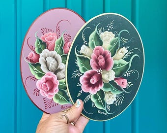 FREE SHIPPING-Vintage *Pair* 1980’s Floral Tole Paintings on Oval Wood Plaques-Artist Signed-Romance Decor-Cottagecore-Green Witch Decor