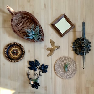 FREE SHIPPING-Vintage Boho *Set of 7* Mixed Wall Gallery-Wicker Basket & Trivet, Metal Leaf Sconce, Dart Candle Sconce, Mirror, Burwood Bird