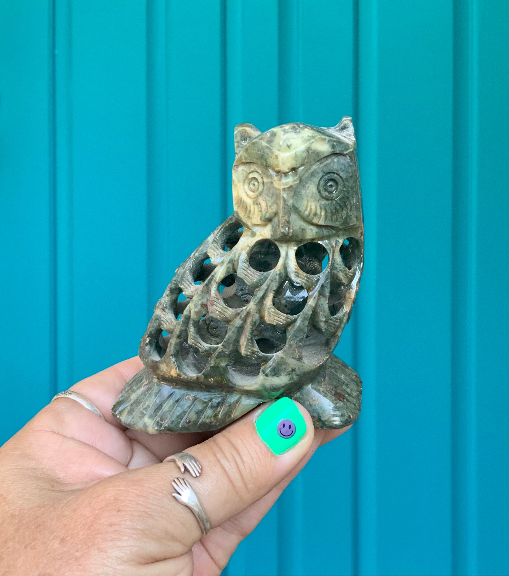 FREE SHIPPING-Vintage Hand Carved Green Soapstone Owl in a Owl Figurine-Hippie-Bohemian-Nature Decor