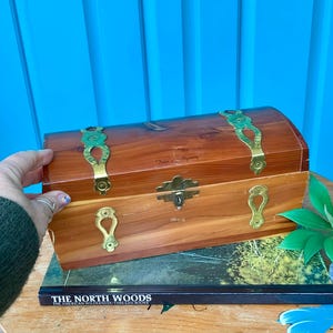 May include: A wooden chest with brass hardware, including hinges and a clasp. The chest is a warm brown color and sits atop a book titled "The North Woods". A hand is visible, holding the chest. A green plant and a blue crystal are also in the image.