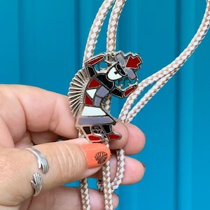 FREE SHIPPING-Vintage Handsome Enameled Silver Metal Kachina Dancer Bolo Tie-Beige Nylon Cord-Zuni-Southwest Bolo Tie-Medicine Man