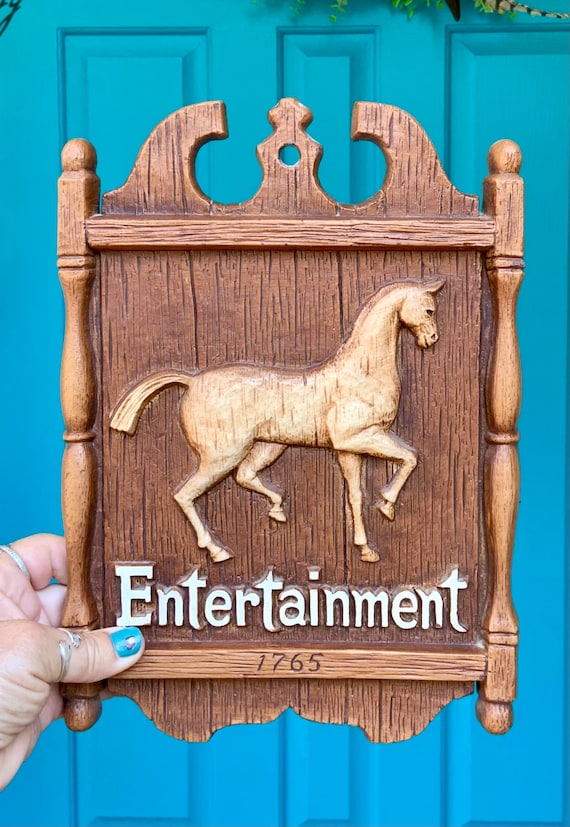FREE SHIPPING-Vintage Rare 1970’s Horse *Entertainment* 1765 Tavern Sign-Multi Products-Faux Wood, Plastic Composite-Bar Decor-Stable Decor