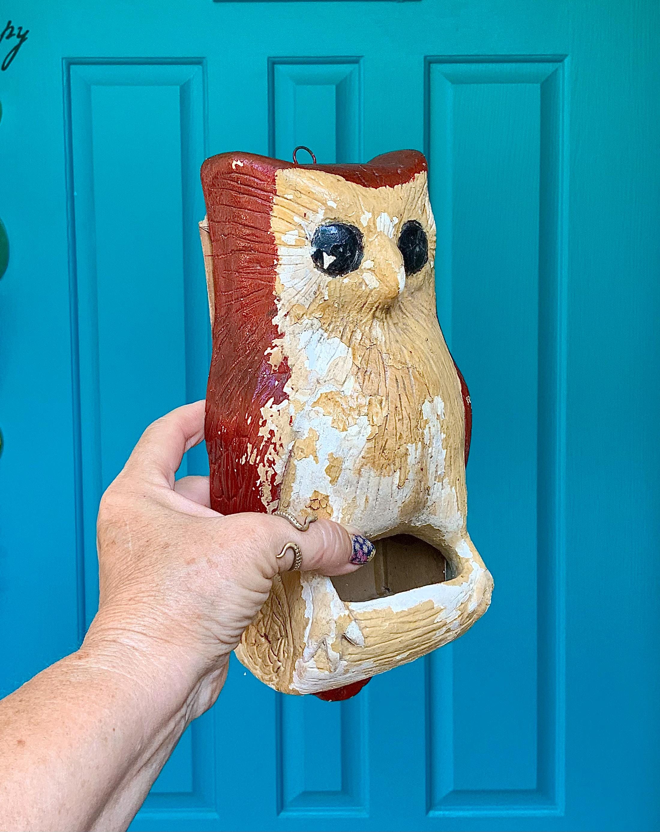 FREE SHIPPING-Antique Rare 1933 Tiller Chalkware Owl Wall Match Holder-Chippy Paint-Wall Pocket-Natu
