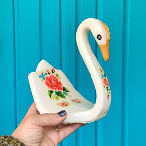 FREE SHIPPING-Vintage Elegant Ceramic Swan Towel Holder-Handcrafted Floral Decal Design-Cottagecore-Bathroom Decor-Granny Decor-Glam Decor