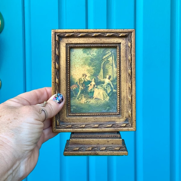 FREE SHIPPING-Vintage Unique Pedestal Florentine Framed Lancret *The Kite* Tapletop Art-Artistic Accents, by Broyhill-Victorian-Eclectic