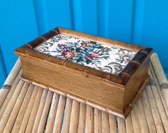 FREE SHIPPING-Vintage Wood Faux Bamboo w/Tapestry Jewelry Box-Turquoise Velvet Interior-Bohemian-Treasure Box-Jewelry Organizer-Divided