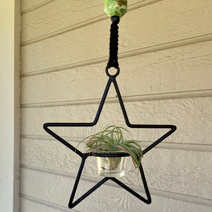 FREE SHIPPING-Vintage Witchy Black Wrought Iron Star Votive Candle Holder w/Beaded Macrame Hanger-Wicca-Airplant Holder-Boho-Porch Decor
