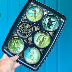 May include: A vintage black metal tray with six circular wildlife illustrations. The tray features images of a bird, bear, fish, deer, duck, and a map of Minnesota. Gold accents and a decorative border complete the design.