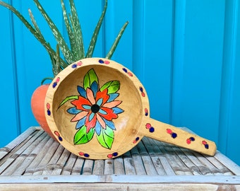 FREE SHIPPING-Vintage Hand Carved & Hand Painted Wood Scoop-Colorful Wood Bowl w/Handle-Boho-Tribal Decor-Ethnic Decor-Kitchen Decor