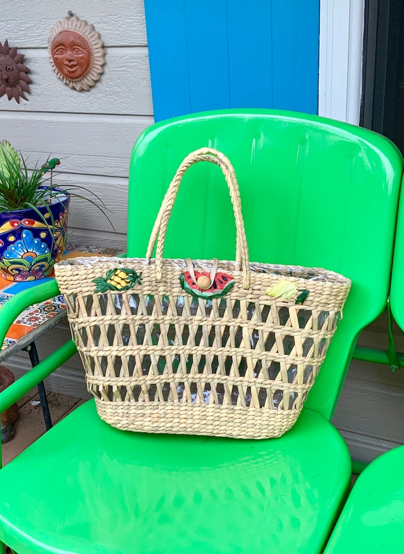 FREE SHIPPING-Vintage Large 19\u201d Straw and Raffia Boho ToteBagPurse-Adorned with Woven Raffia Fruit-Lined with Clear Plastic-Market Tote