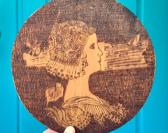 FREE SHIPPING-Vintage Antique Gorgeous 9 1/2” Round Pyrography Dutch Woman w/Windmill & Sailboat-Wood Burning Folk Art-Bohemian-Eclectic