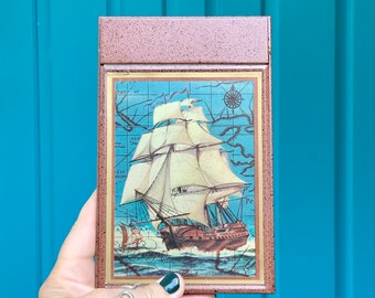 Schooner Bay Co Scrimshaw Voyage Explorer Ship Box - Ox Bone Reproduction, 6.5" X 2.25" X 1.25", Antique Brass Clasp