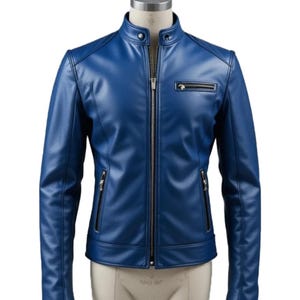 Men&#39;s Blue Sheep Leather Jacket  Handmade Slim Fit Moto Biker Jacket Real Leather Coat for Him | Stylish Outerwear Gift