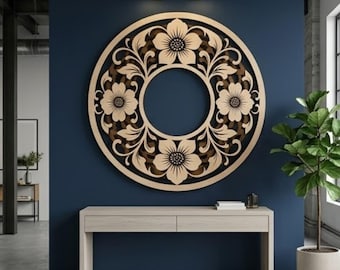 Floral rond en bois découpé au laser fichier Svg | Art mural mandala design CNC | Téléchargement numérique Glowforge Dxf Ai Eps Pdf Cdr