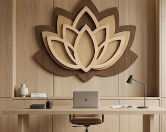 Fichier d'art mural bois fleur de lotus SVG en couches découpé au laser | Décoration en bois Mandala Glowforge CNC à téléchargement numérique
