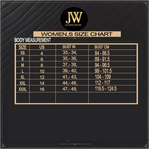 May include: A size chart for women's clothing, featuring measurements in inches and centimeters. The chart includes sizes XS to XXXL, with corresponding US sizes and bust measurements. The JW Leather Online logo is at the top.