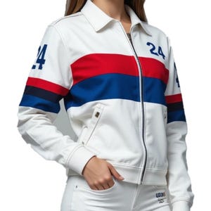Women’s Denim Jacket with American Flag  USA Racing Stripes Jacket  Patriotic Fashion Red White Blue Outfit USA Pride Gift